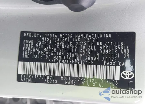 2021 Toyota Corolla Le from USA, damaged, VIN 5YFEPMAEXMP217165